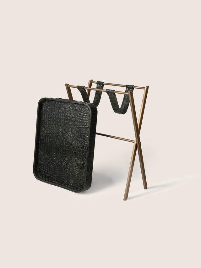 Fenn Croco Print Leather Tray Side Table - Olive