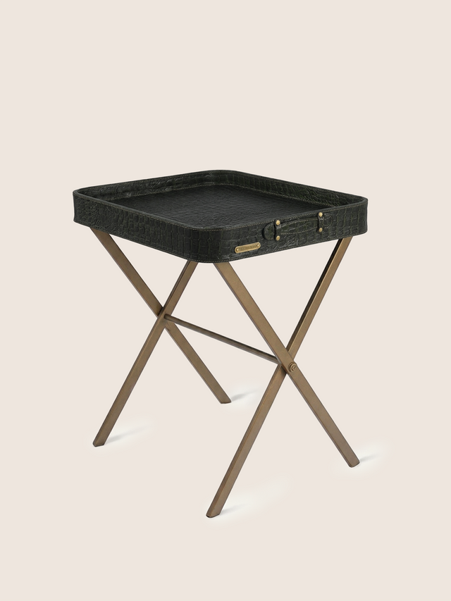 Fenn Croco Print Leather Tray Side Table - Olive