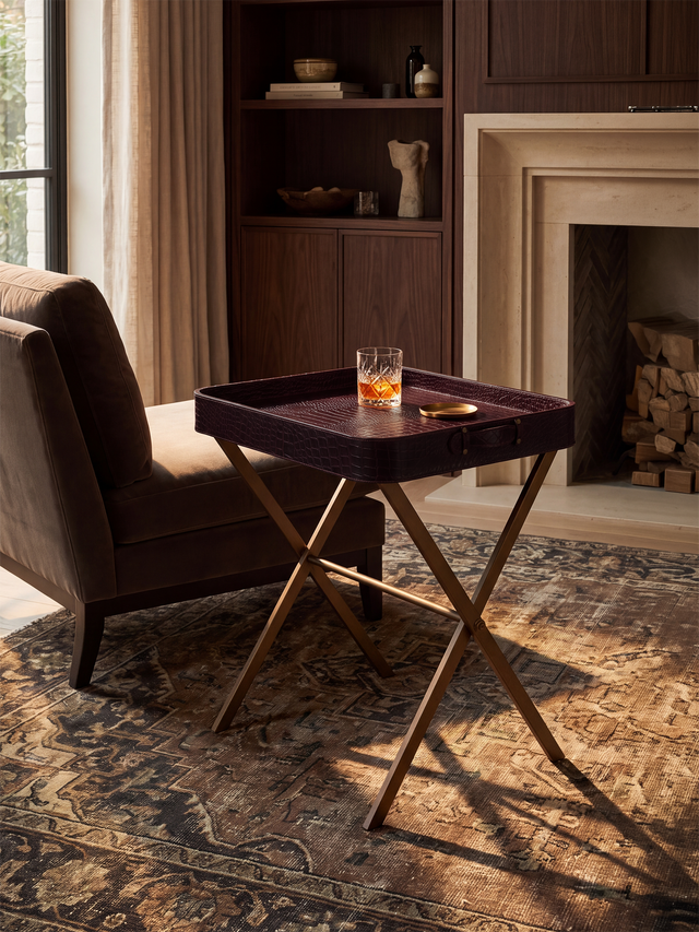 Fenn Croco Print Leather Tray Side Table - Burgundy