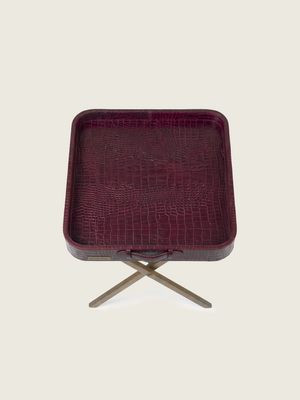 Fenn Croco Print Leather Tray Side Table - Burgundy