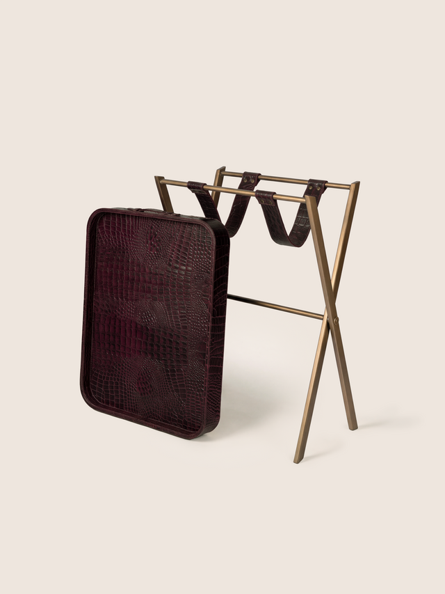 Fenn Croco Print Leather Tray Side Table - Burgundy