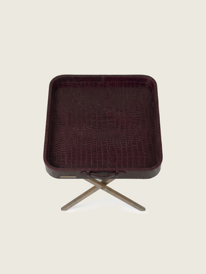 Fenn Croco Print Leather Tray Side Table - Burgundy