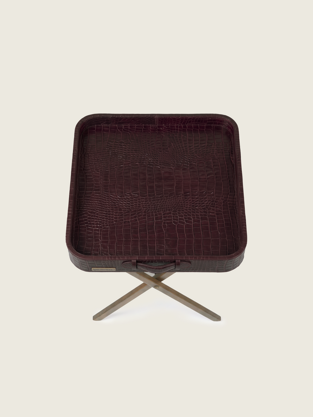Fenn Croco Print Leather Tray Side Table - Burgundy
