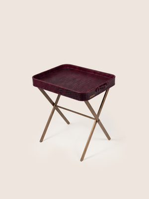 Fenn Croco Print Leather Tray Side Table - Burgundy