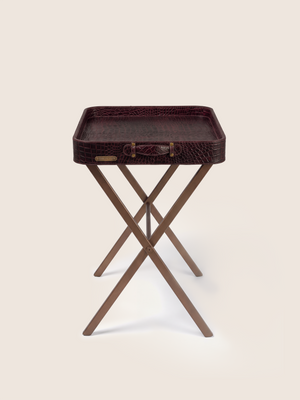 Fenn Croco Print Leather Tray Side Table - Burgundy