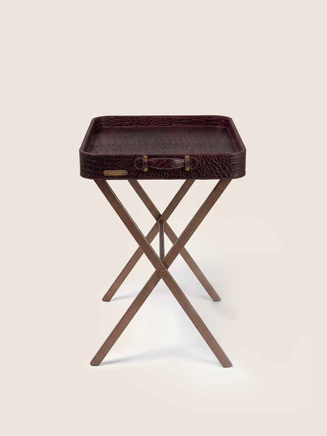 Fenn Croco Print Leather Tray Side Table - Burgundy