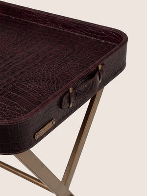 Fenn Croco Print Leather Tray Side Table - Burgundy