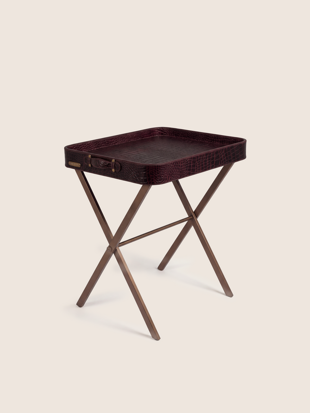 Fenn Croco Print Leather Tray Side Table - Burgundy