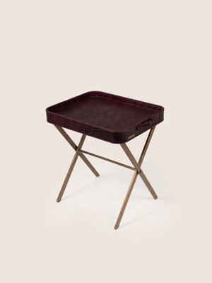 Fenn Croco Print Leather Tray Side Table - Burgundy