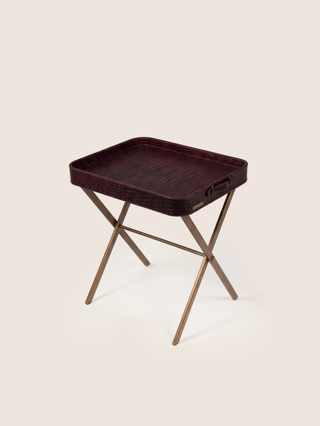 Fenn Croco Print Leather Tray Side Table - Burgundy