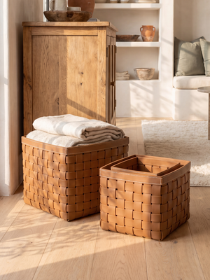 Cato Recycled Leather Storage Basket, Set of 3