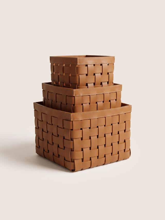 Cato Recycled Leather Storage Basket, Set of 3