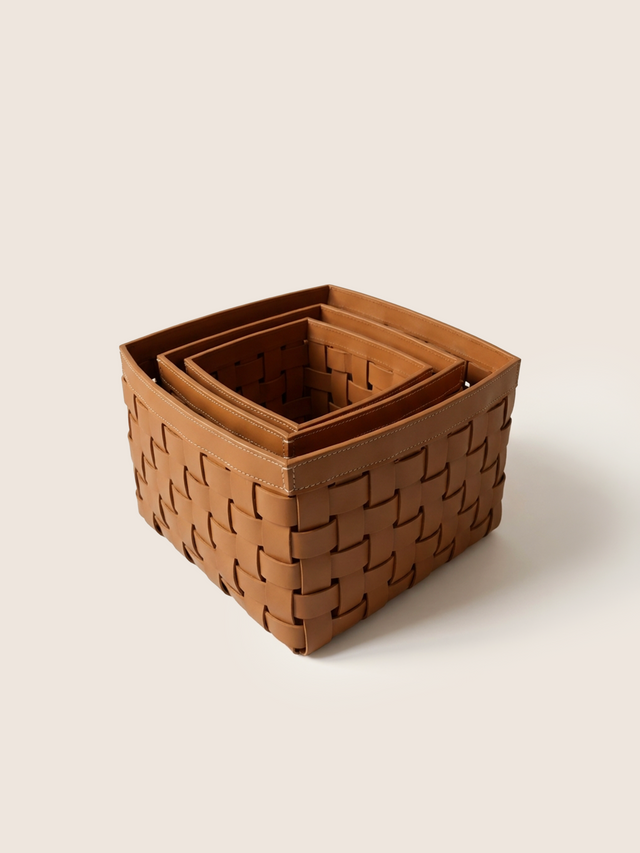 Cato Recycled Leather Storage Basket, Set of 3