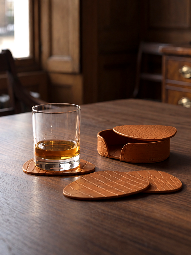 Carley Leather Coaster, Set of 4 - Tan