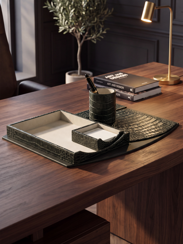 Quill Croco Print/ Waxy Leather Desktop Set - Olive