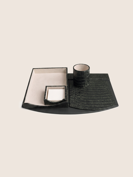 Quill Croco Print/ Waxy Leather Desktop Set - Olive