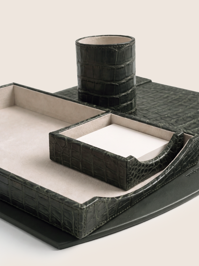 Quill Croco Print/ Waxy Leather Desktop Set - Olive