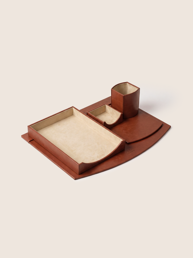 Quill Waxy Leather Desktop Set - Cognac