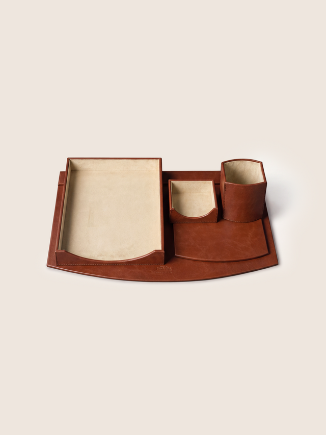 Quill Waxy Leather Desktop Set - Cognac
