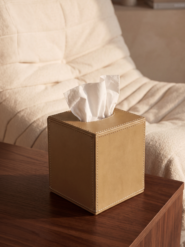 Rowe Leather Tall Tissue Box - Taupe