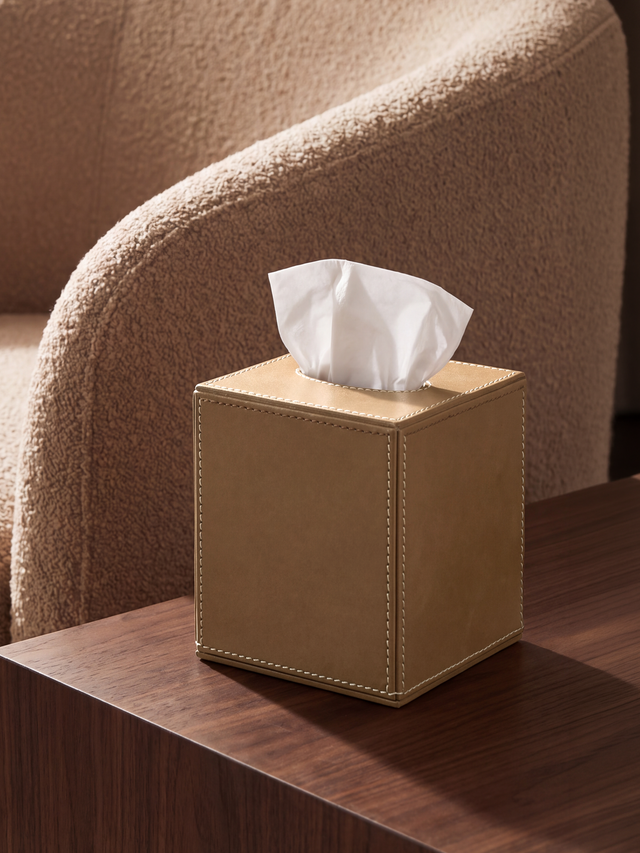 Rowe Leather Tall Tissue Box - Taupe