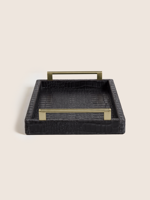 Lore Croco Print Leather Rectangular Tray - Black