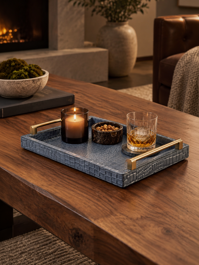Lore Croco Print Leather Rectangular Tray - Grey