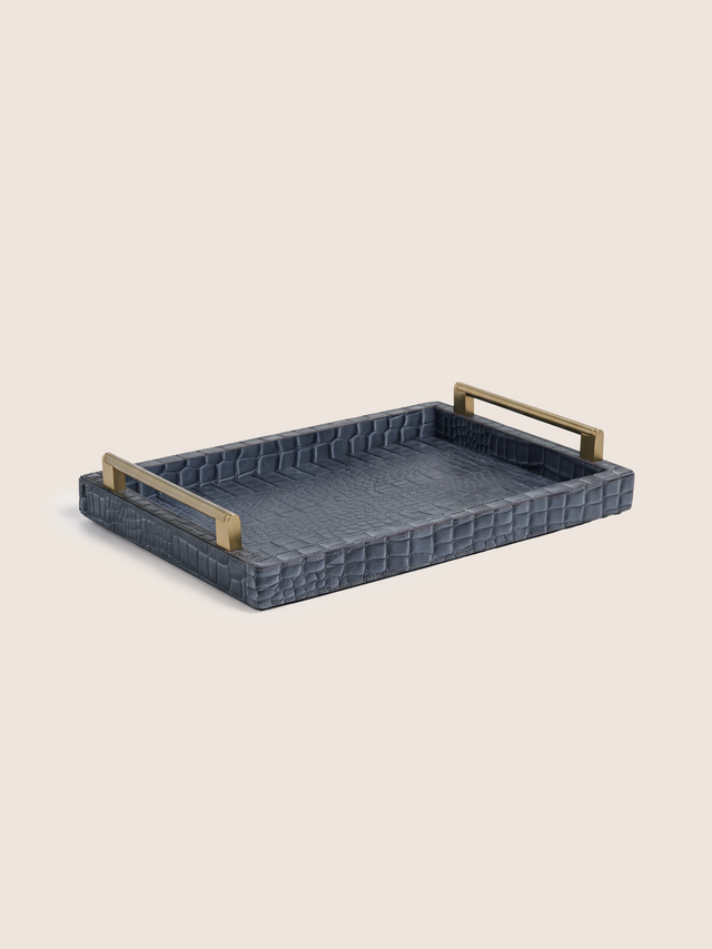 Lore Croco Print Leather Rectangular Tray - Grey