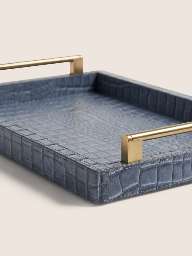 Lore Croco Print Leather Rectangular Tray - Grey