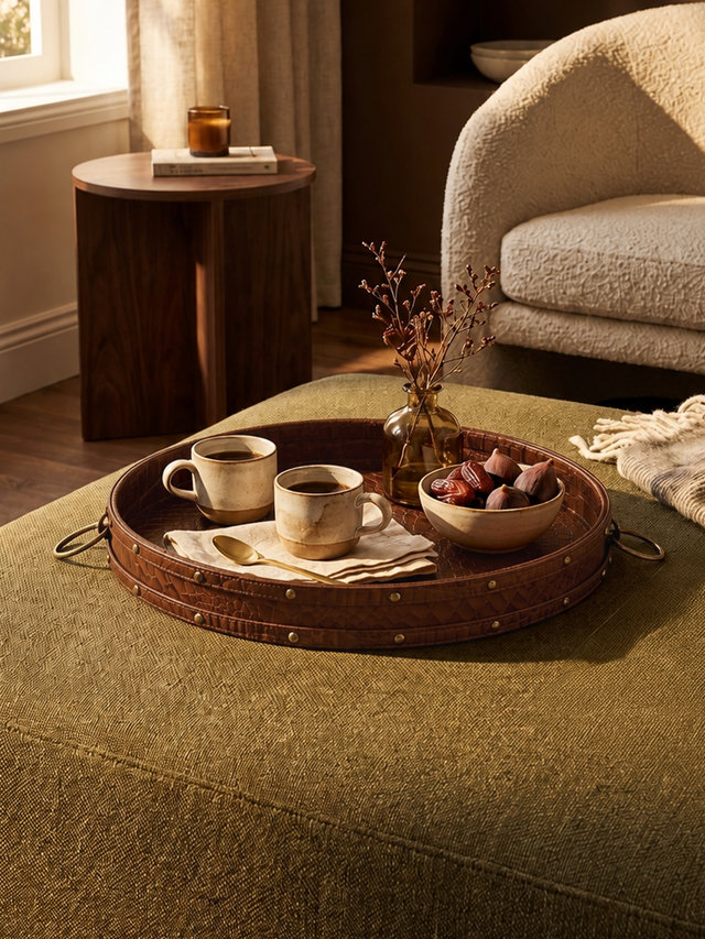 Lore Croco Print Leather Round Tray - Tan