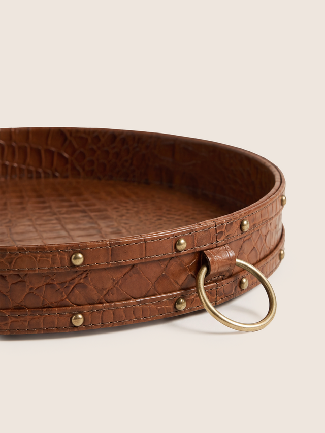 Lore Croco Print Leather Round Tray - Tan