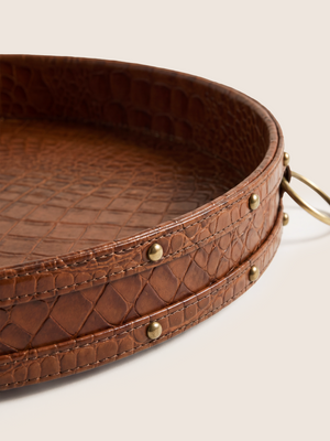 Lore Croco Print Leather Round Tray - Tan