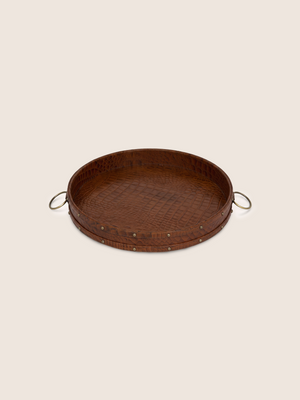 Lore Croco Print Leather Round Tray - Tan