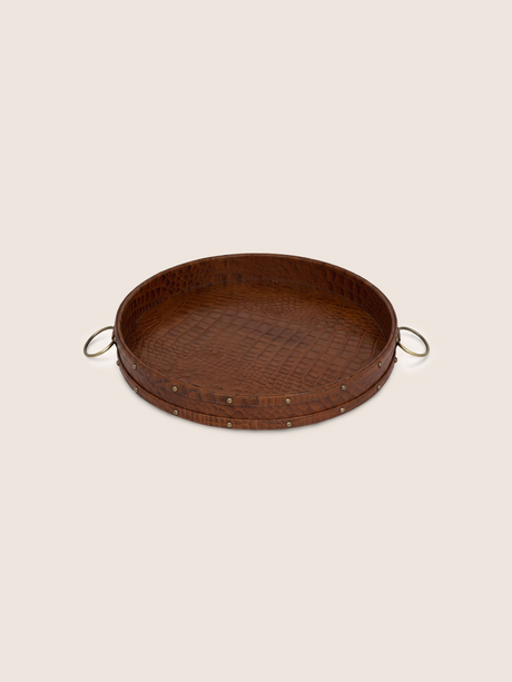 Lore Croco Print Leather Round Tray - Tan