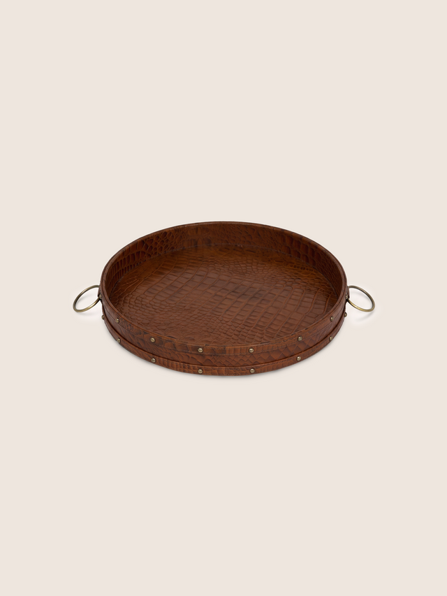 Lore Croco Print Leather Round Tray - Tan