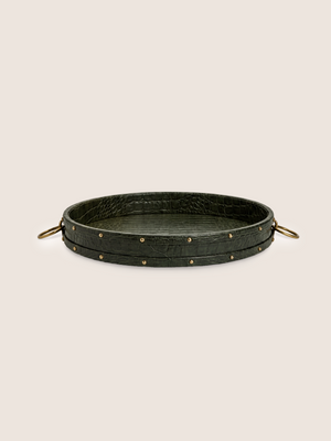 Lore Croco Print Leather Round Tray - Olive