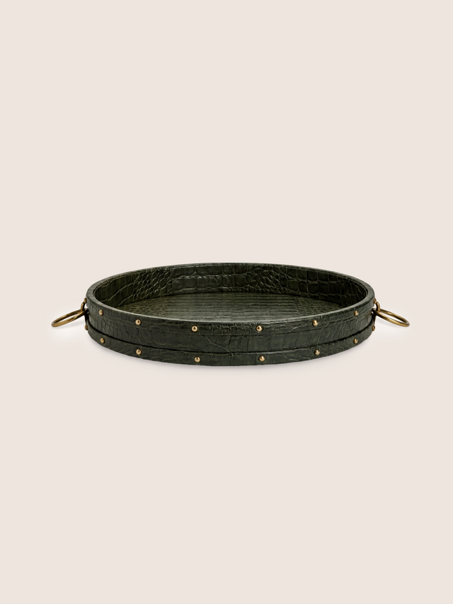 Lore Croco Print Leather Round Tray - Olive