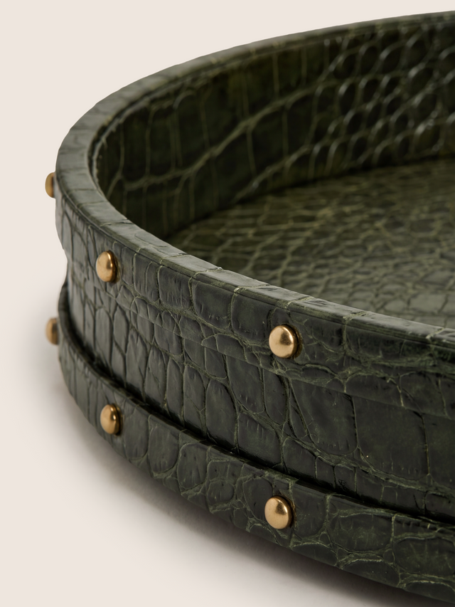 Lore Croco Print Leather Round Tray - Olive