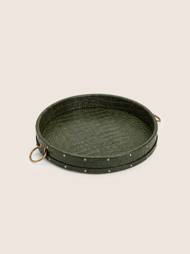 Lore Croco Print Leather Round Tray - Olive