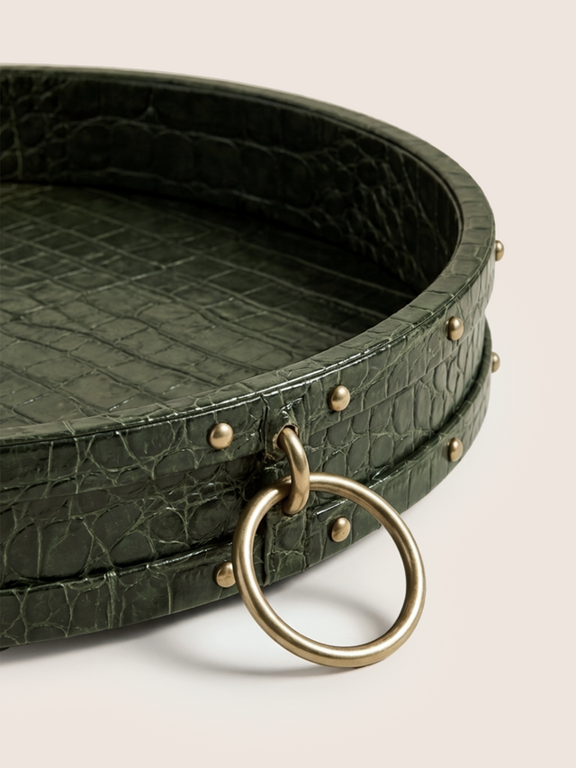 Lore Croco Print Leather Round Tray - Olive