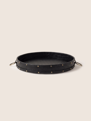 Lore Croco Print Leather Round Tray - Black