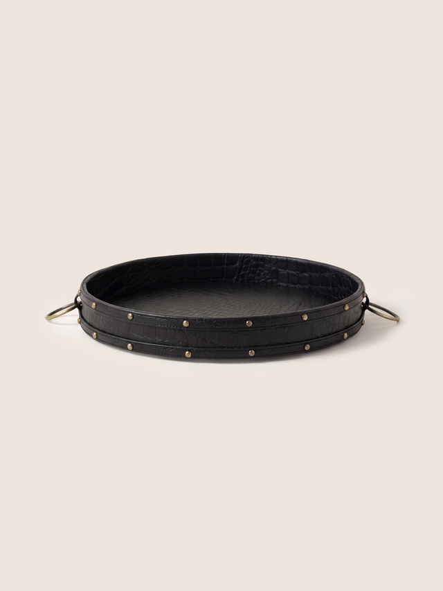 Lore Croco Print Leather Round Tray - Black
