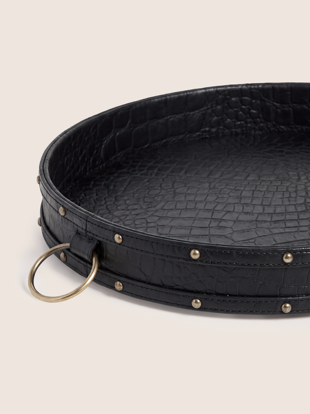 Lore Croco Print Leather Round Tray - Black