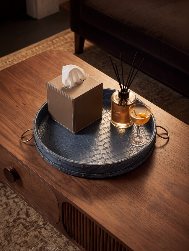 Lore Croco Print Leather Round Tray - Grey