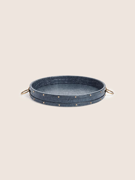 Lore Croco Print Leather Round Tray - Grey