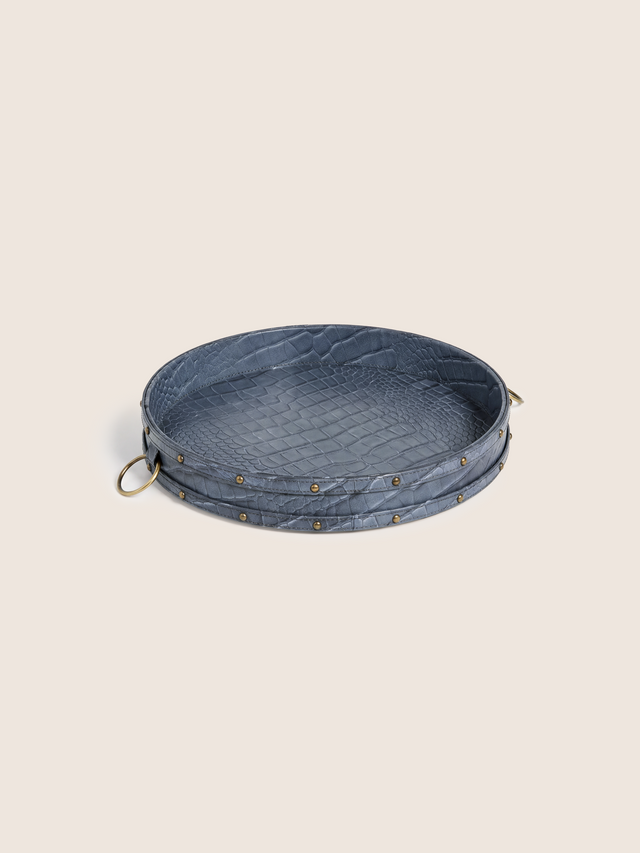 Lore Croco Print Leather Round Tray - Grey
