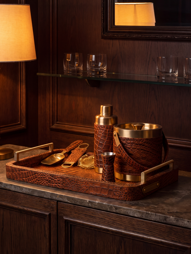 Rex Croco Print Leather Cocktail Set - Tan