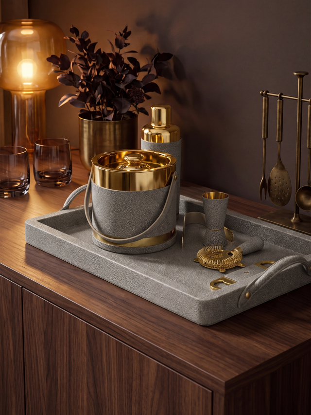 Rex Shagreen Print Leather Cocktail Set - Grey