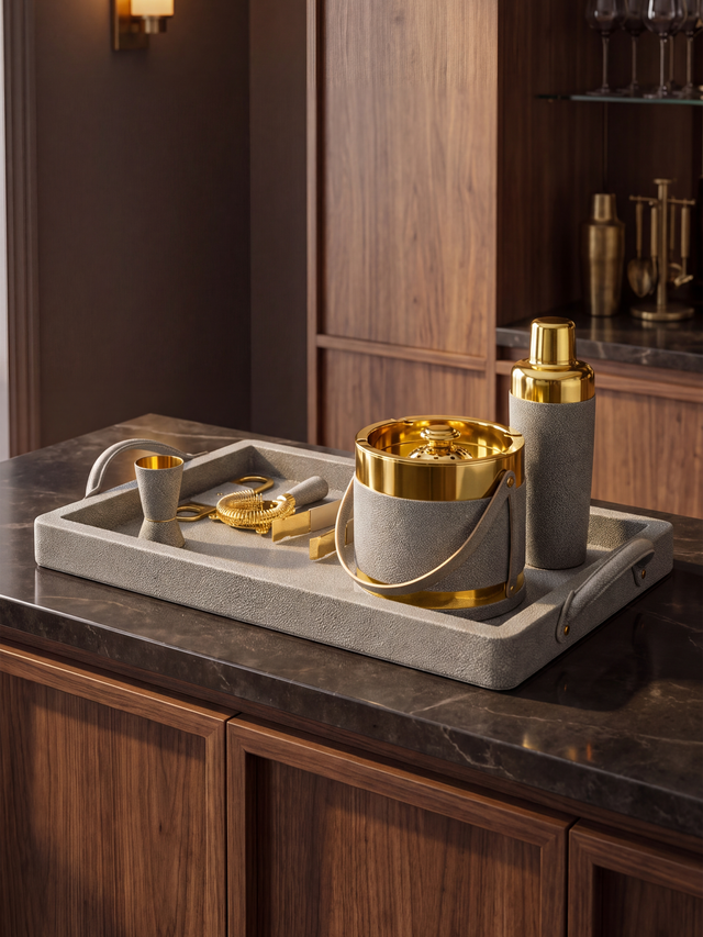 Rex Shagreen Print Leather Cocktail Set - Grey