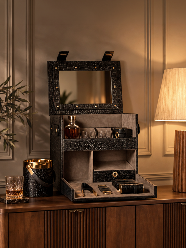 Ivo Croco Print Leather Portable Bar - Black